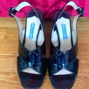 PRADA BLACK PATENT LEATHER SANDALS SIZE 36.5